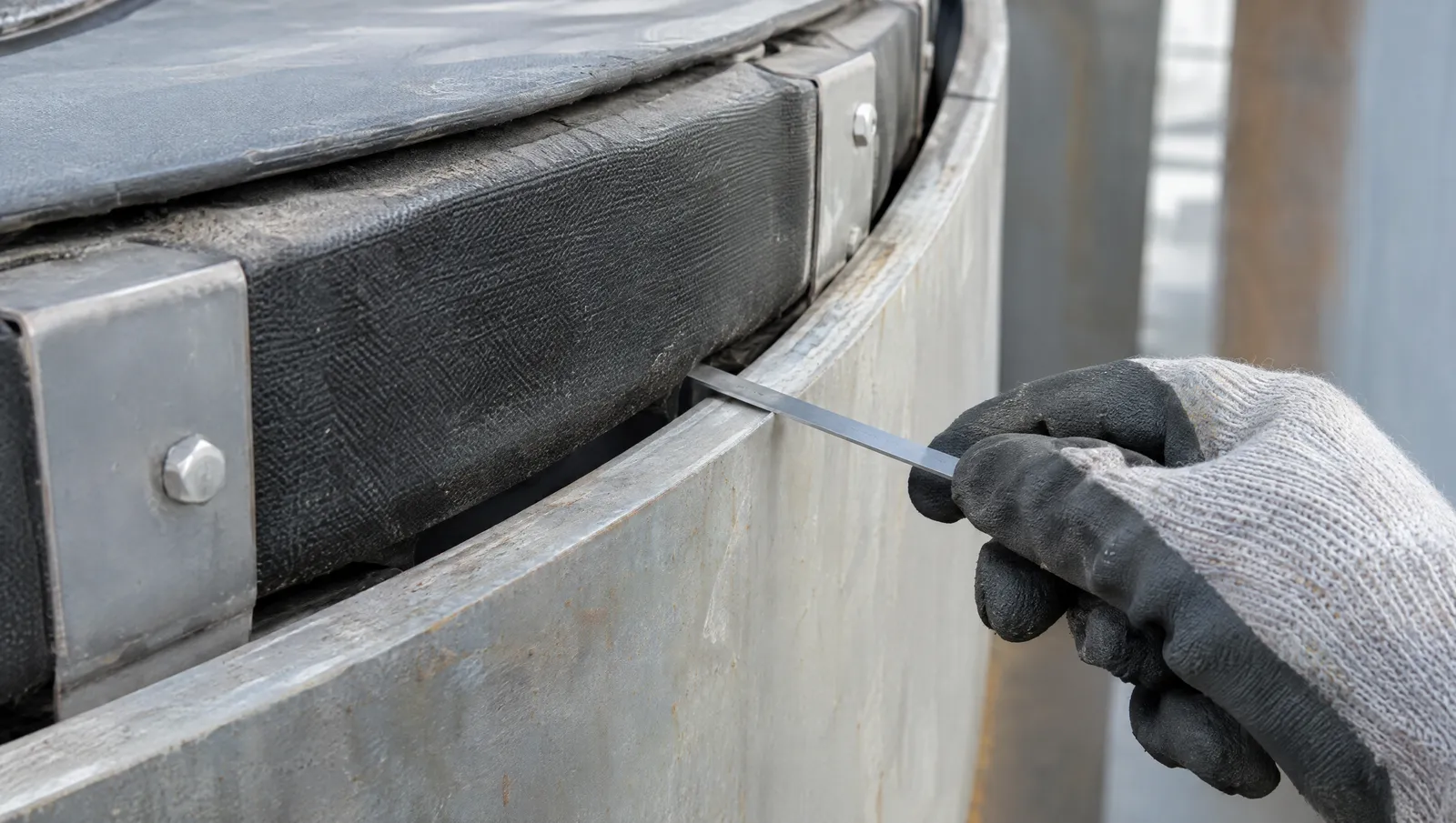 Gloved hand measuring a rim seal gap with a probe