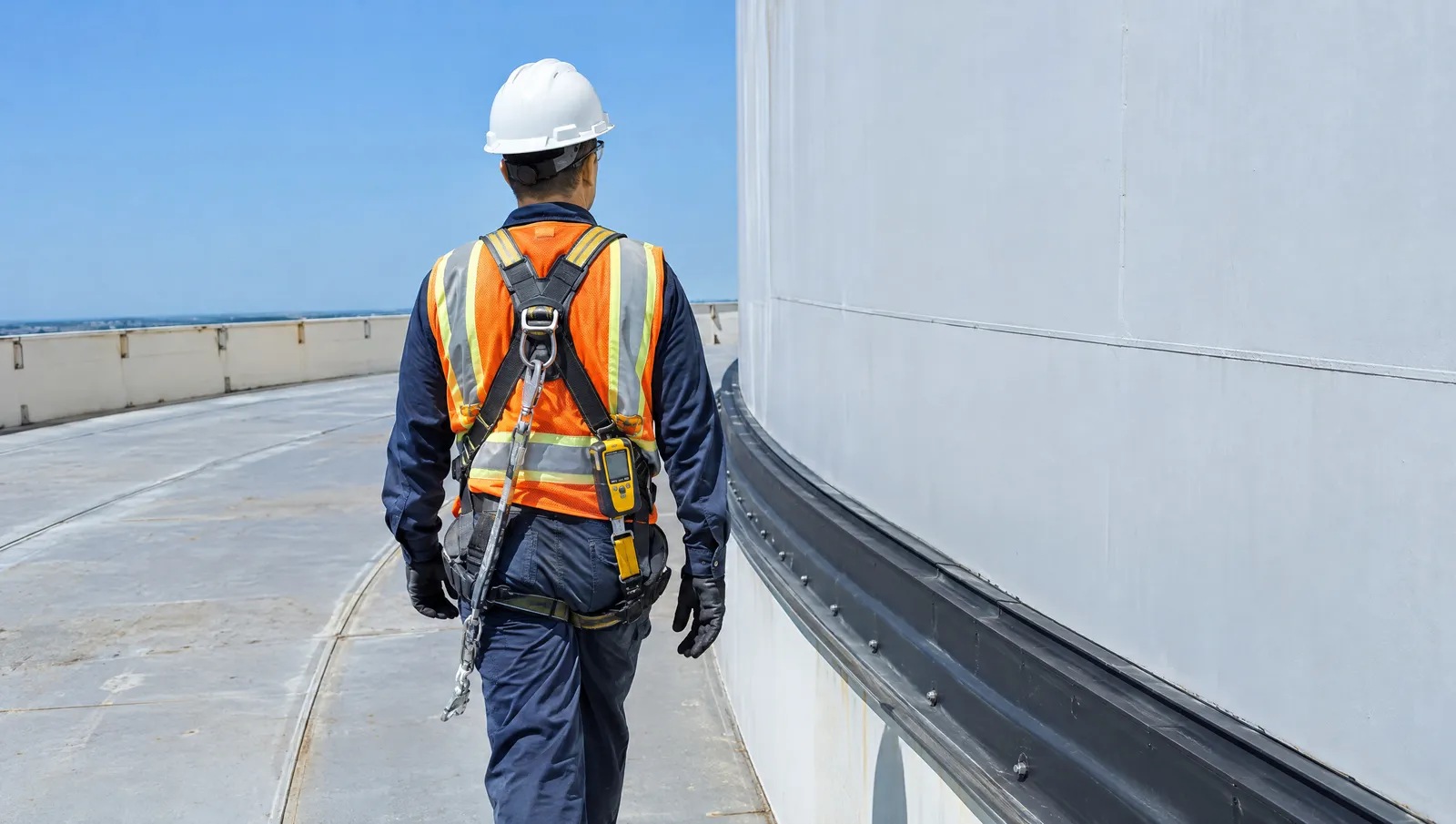 Inspector in safety gear walking along the rim of a floating roof