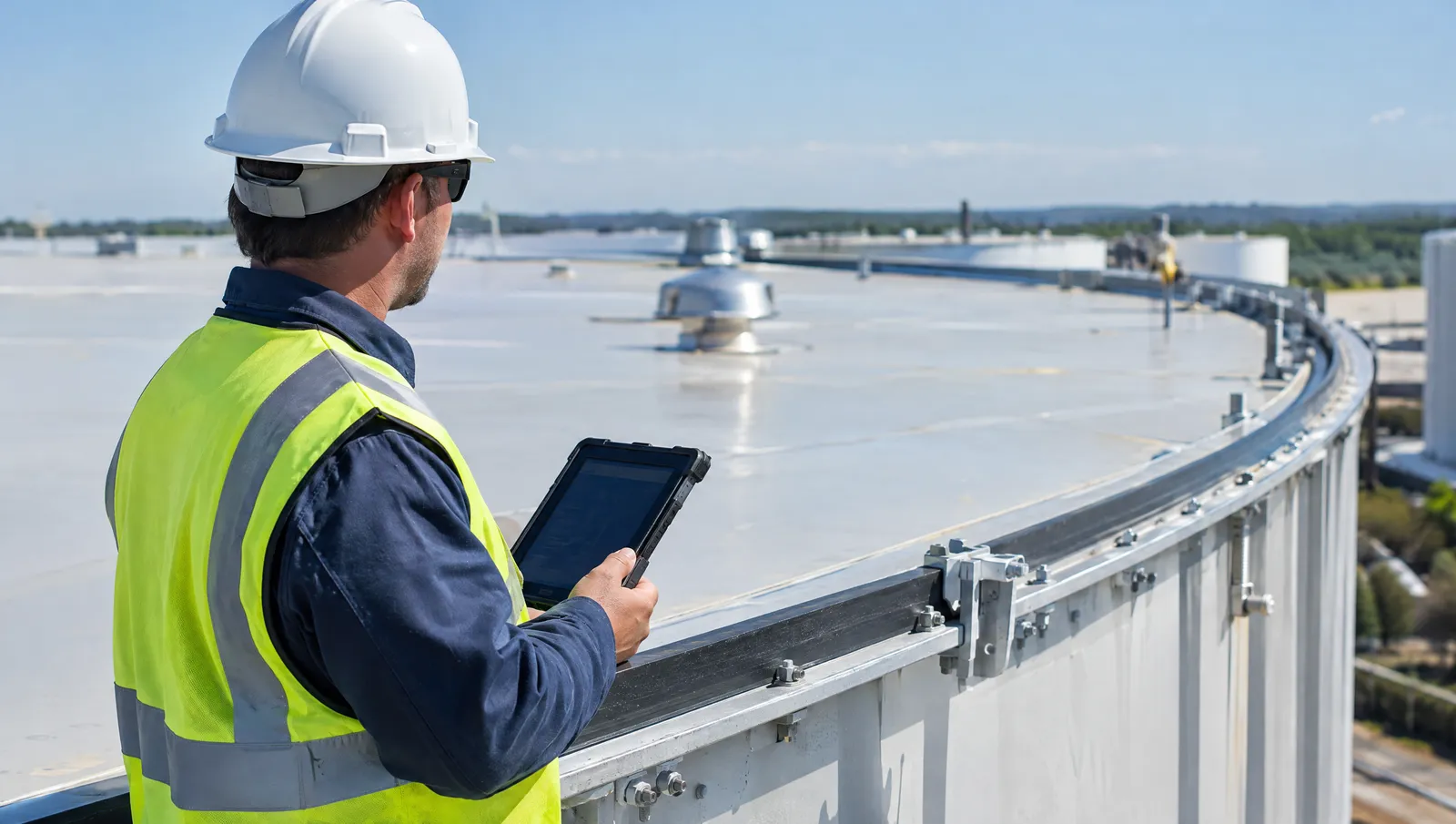 Inspector in safety gear holding a tablet beside a floating roof rim seal