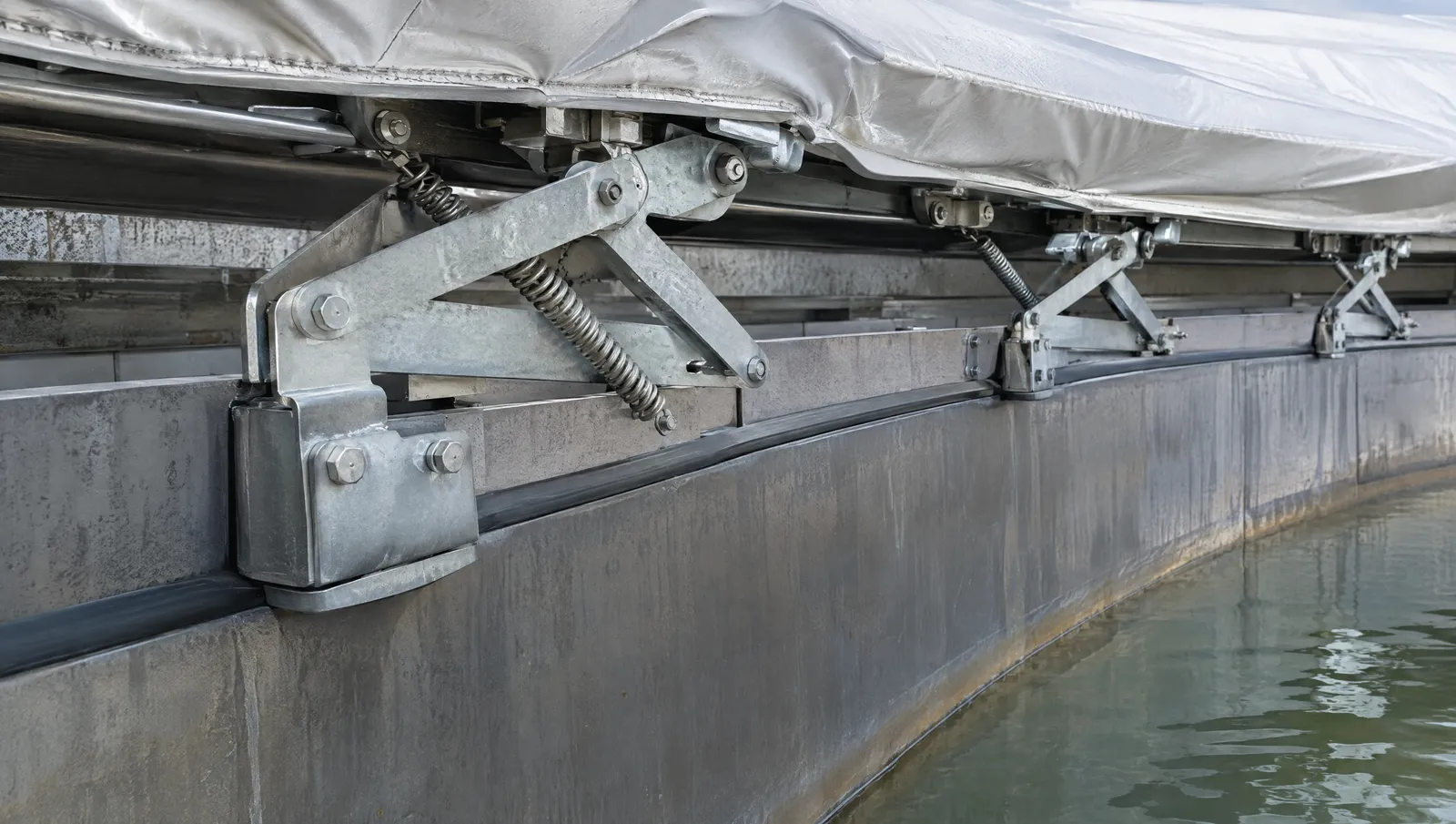Close-up of a mechanical shoe seal pressed against a tank shell